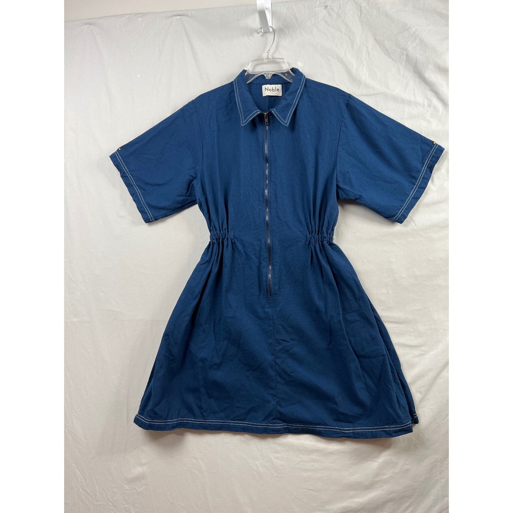Noble Utility Dress Women Large Blue Organic Cotton Zip Front Elastic Waist